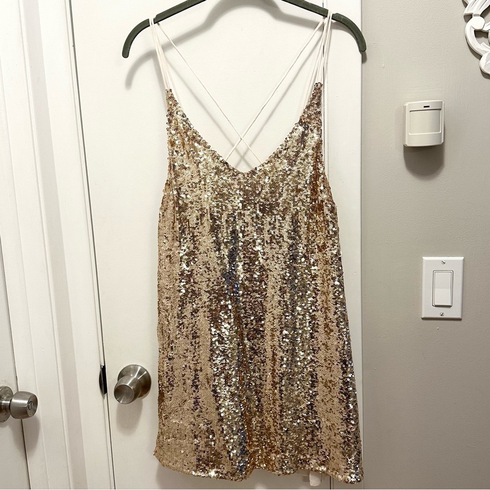 Free People Sequin Slip Mini Short Dress or Tunic M pink rose gold NWT fun party